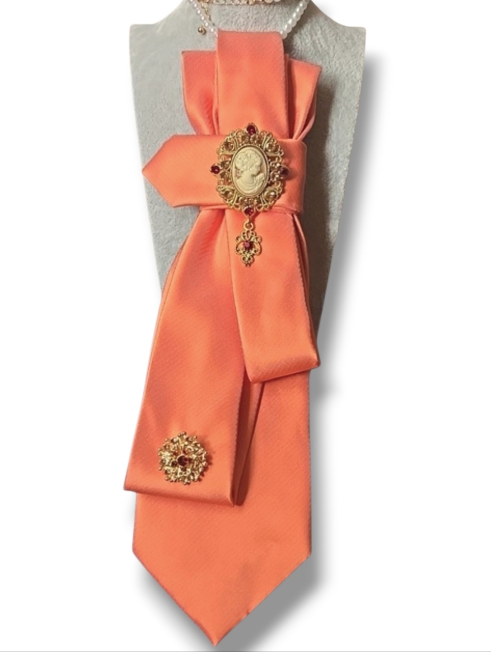 3/$60 Orange Satin Folded Cravat with Cameo and Gold Accent Brooch